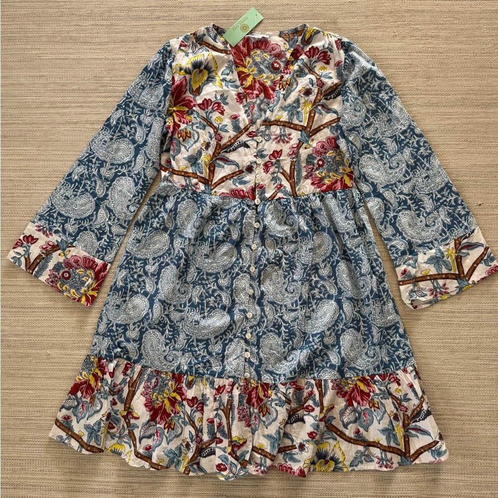 Debbie Katz floral cotton long‎ sleeve v-neck button up resortwear dress women M